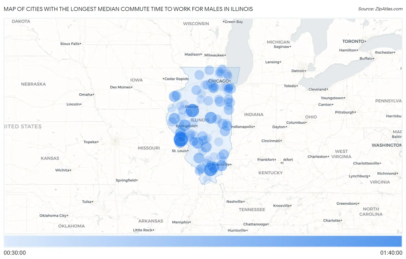 Cities with the Longest Median Commute Time to Work for Males in Illinois Map