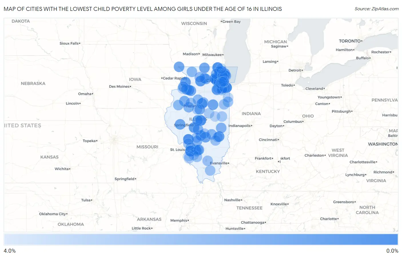 Cities with the Lowest Child Poverty Level Among Girls Under the Age of 16 in Illinois Map