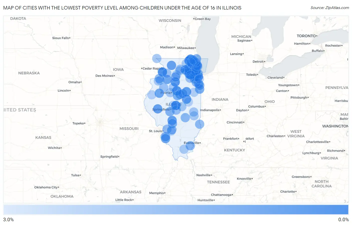 Cities with the Lowest Poverty Level Among Children Under the Age of 16 in Illinois Map
