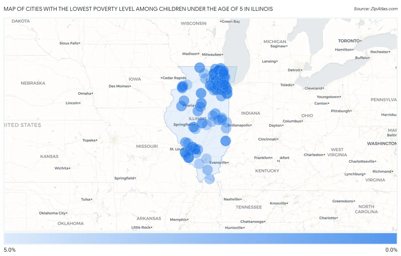 Cities with the Lowest Poverty Level Among Children Under the Age of 5 in Illinois Map