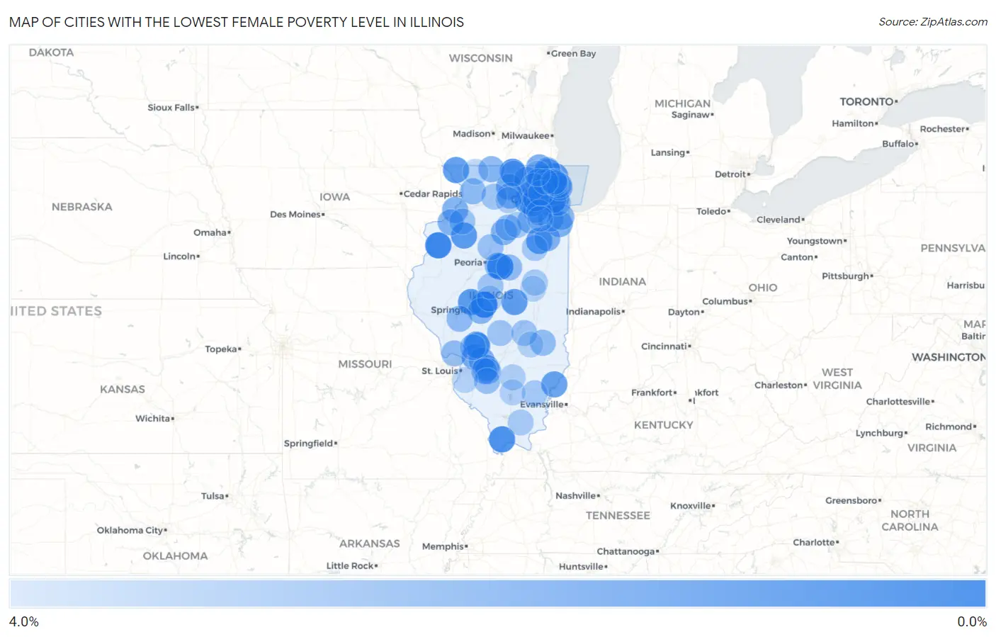 Cities with the Lowest Female Poverty Level in Illinois Map