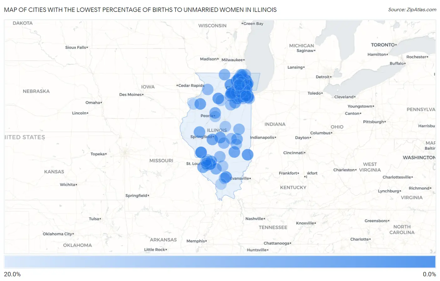 Cities with the Lowest Percentage of Births to Unmarried Women in Illinois Map