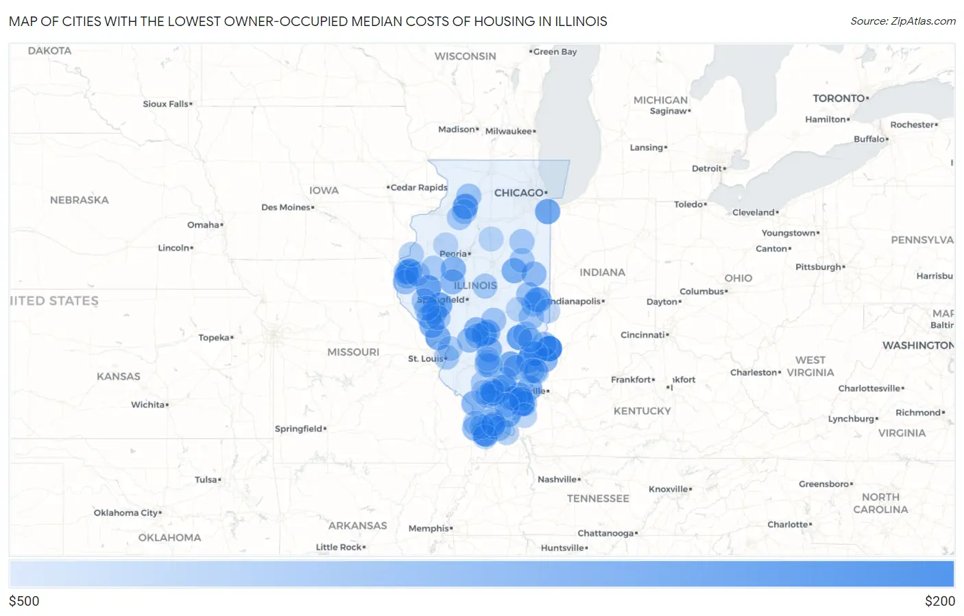Cities with the Lowest Owner-Occupied Median Costs of Housing in Illinois Map