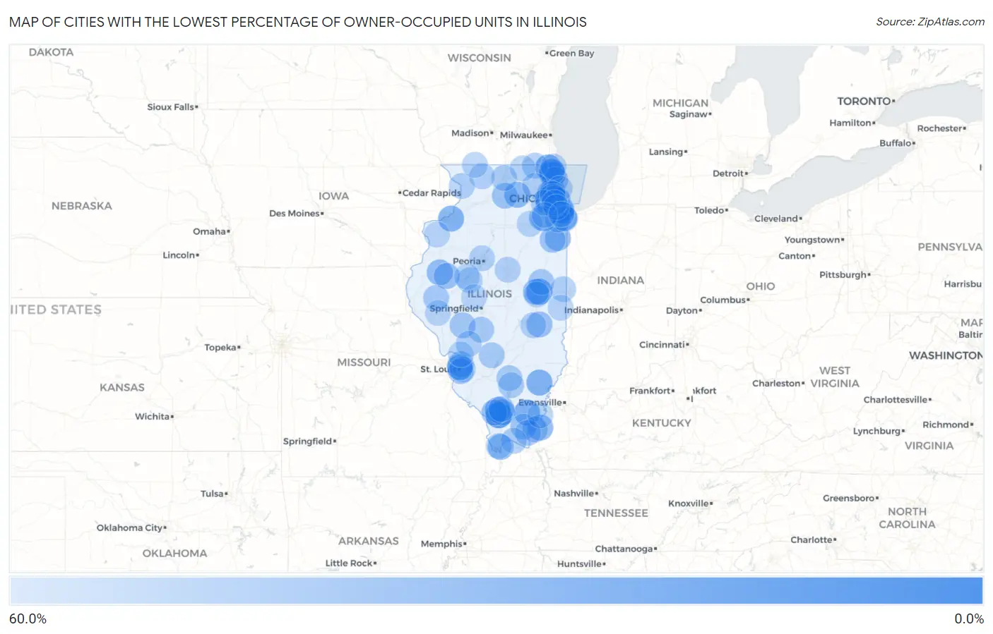 Cities with the Lowest Percentage of Owner-Occupied Units in Illinois Map
