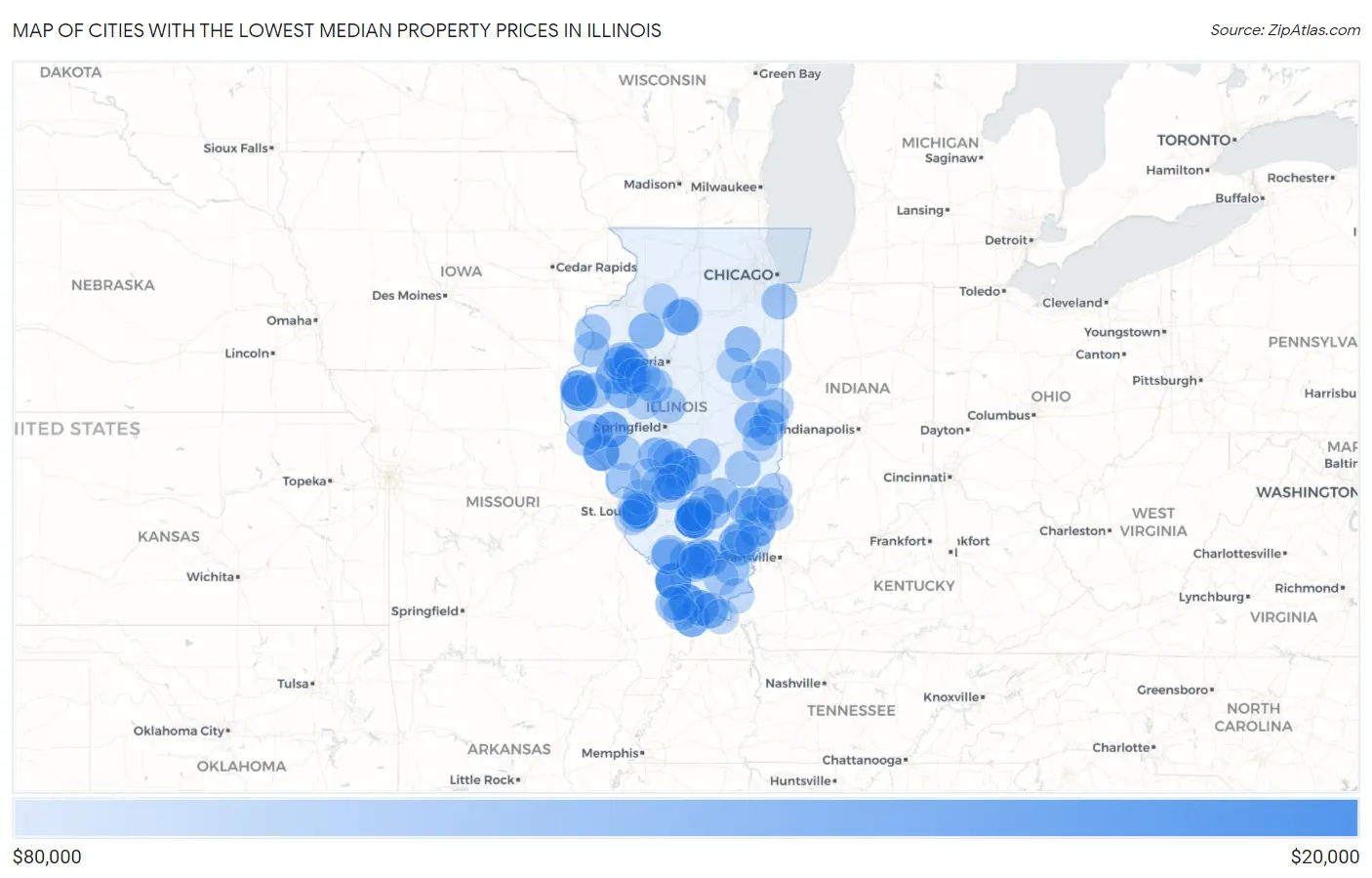 Cities with the Lowest Median Property Prices in Illinois Map