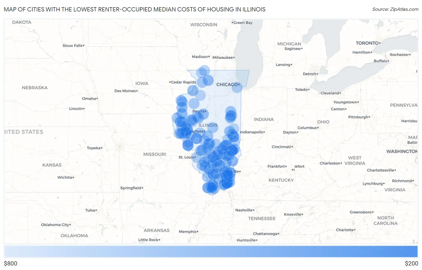 Cities with the Lowest Renter-Occupied Median Costs of Housing in Illinois Map