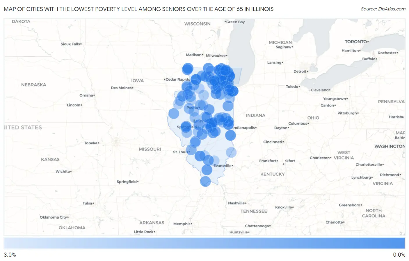 Cities with the Lowest Poverty Level Among Seniors Over the Age of 65 in Illinois Map