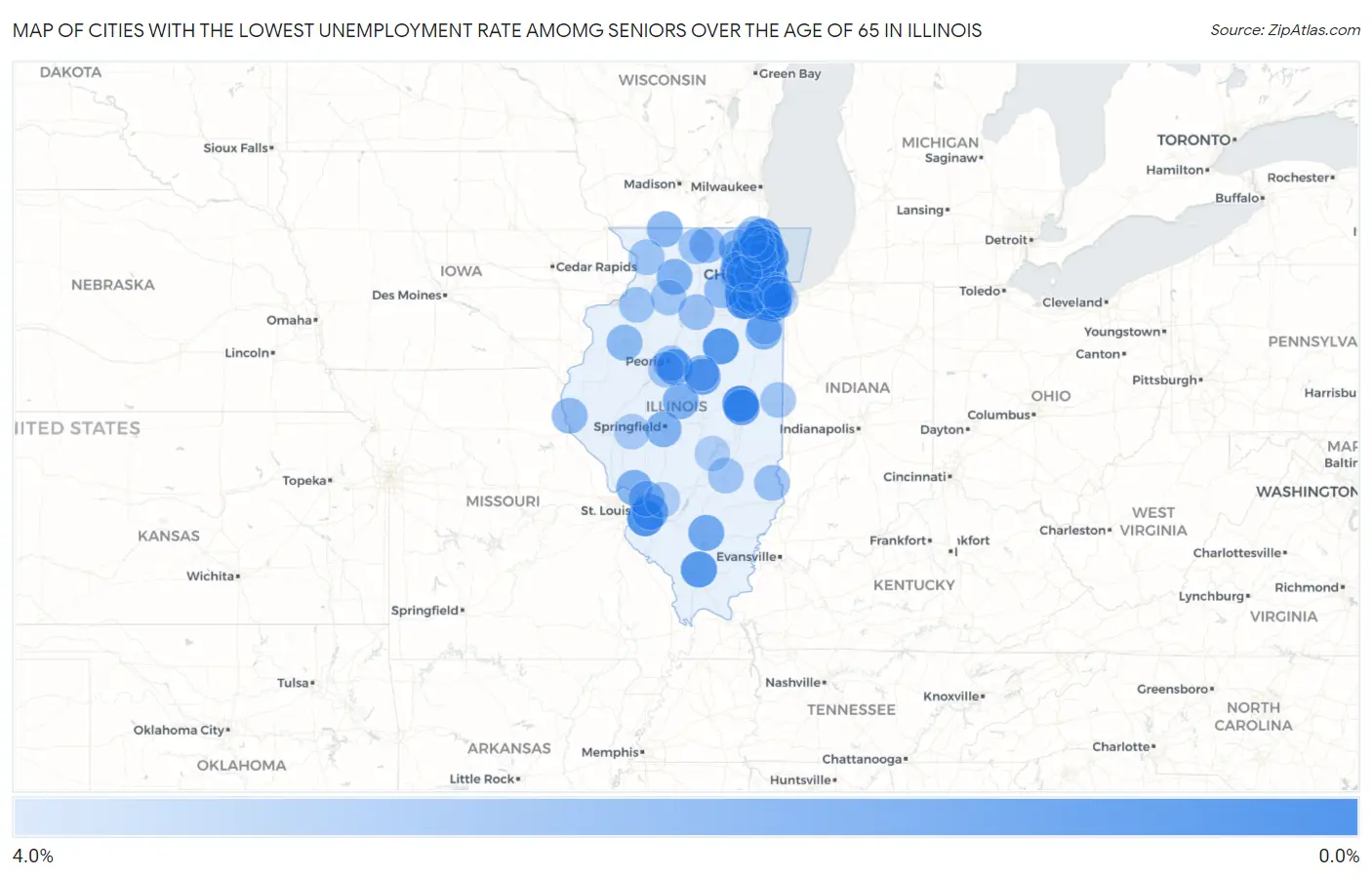 Cities with the Lowest Unemployment Rate Amomg Seniors Over the Age of 65 in Illinois Map