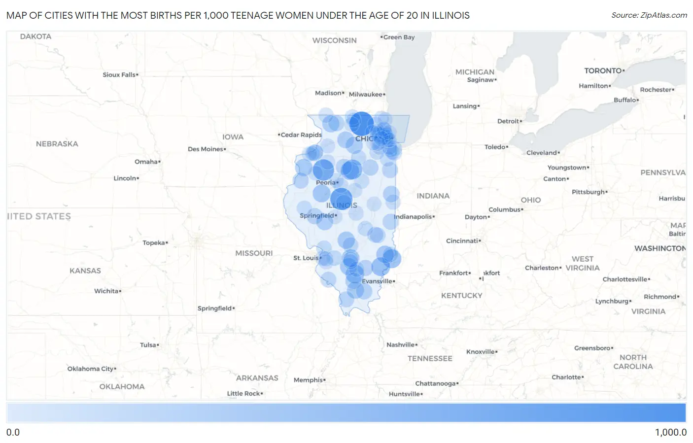 Cities with the Most Births per 1,000 Teenage Women Under the Age of 20 in Illinois Map