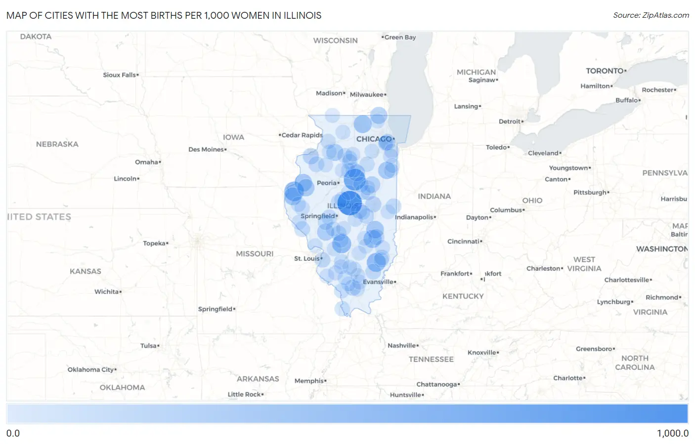 Cities with the Most Births per 1,000 Women in Illinois Map