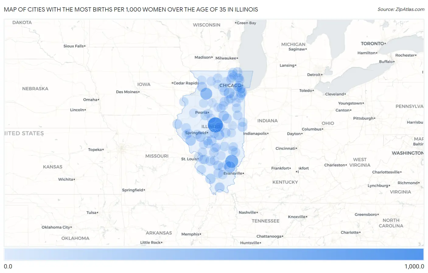 Cities with the Most Births per 1,000 Women Over the Age of 35 in Illinois Map