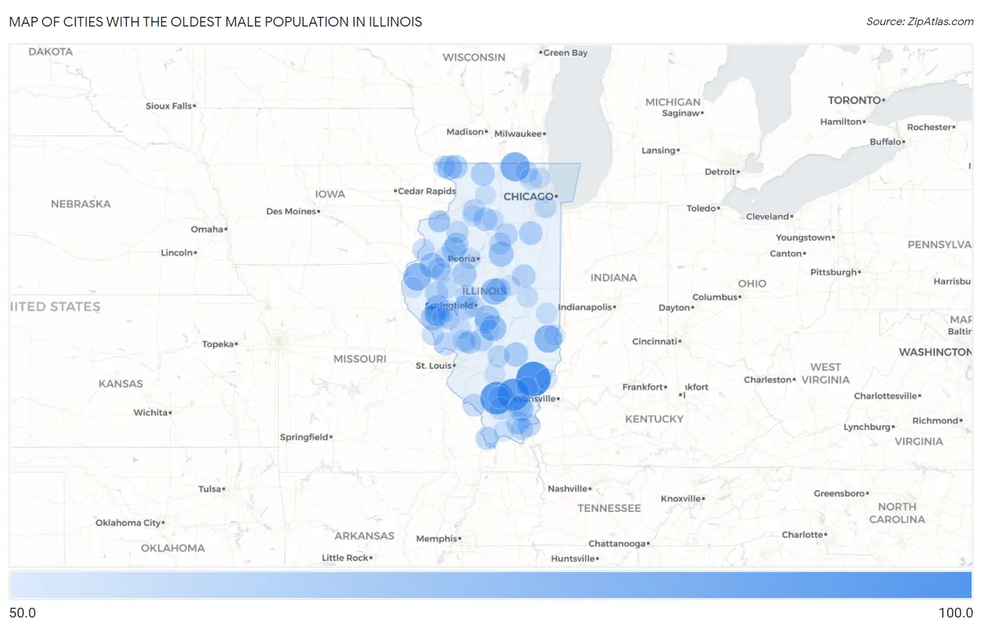 Cities with the Oldest Male Population in Illinois Map