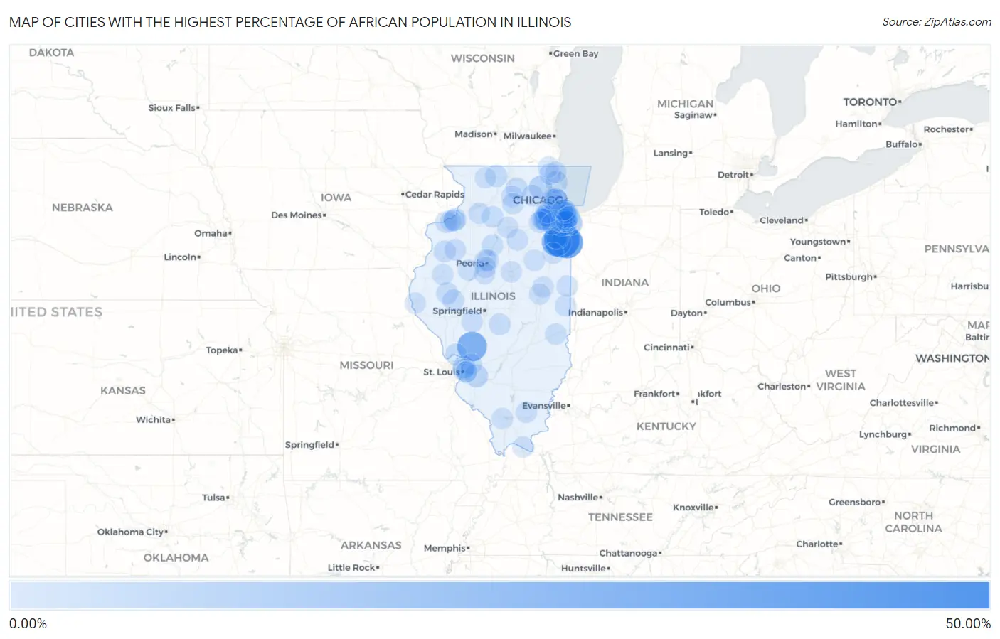 Cities with the Highest Percentage of African Population in Illinois Map