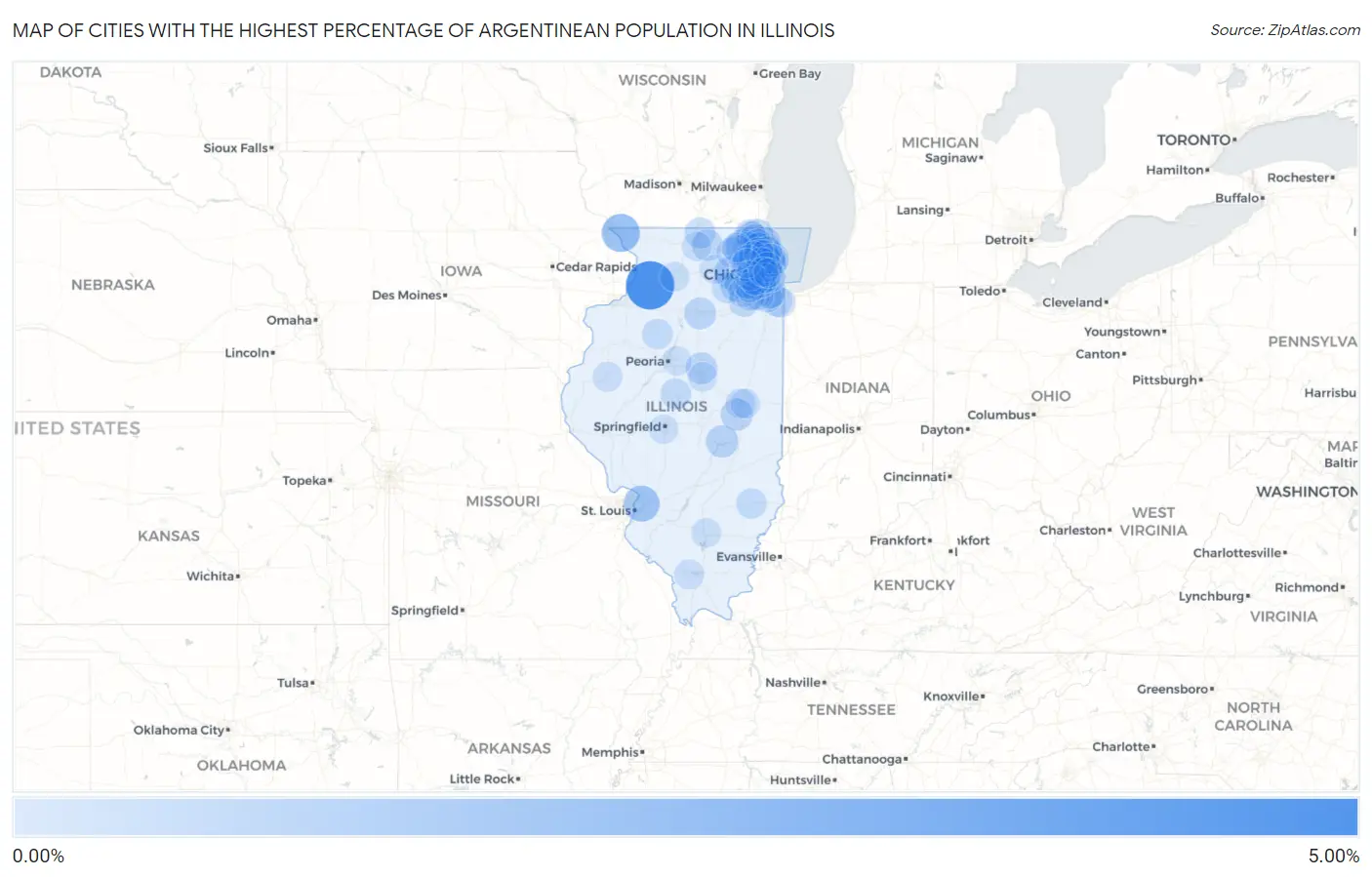 Cities with the Highest Percentage of Argentinean Population in Illinois Map