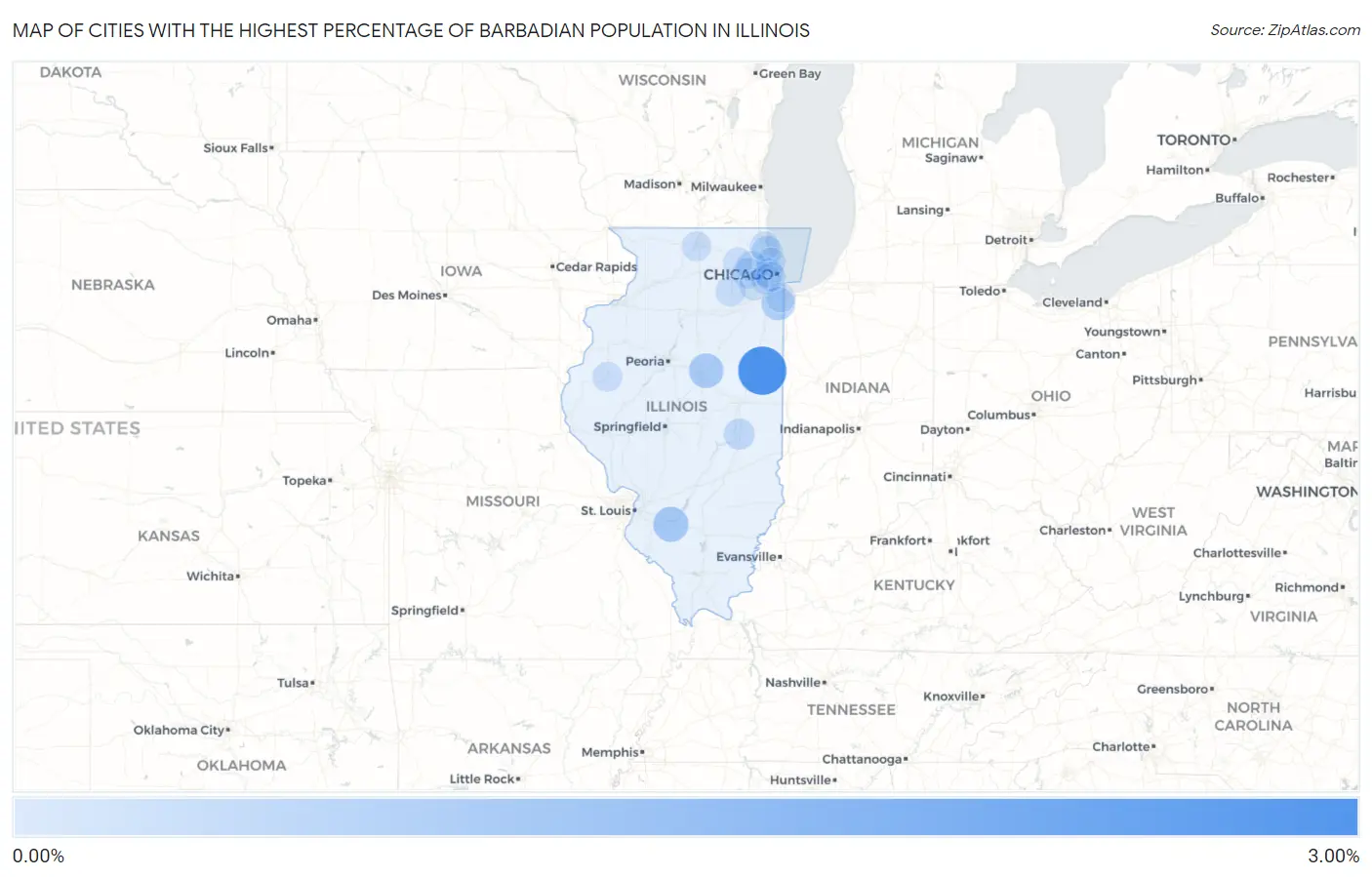 Cities with the Highest Percentage of Barbadian Population in Illinois Map