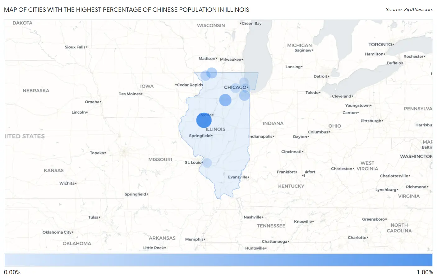 Cities with the Highest Percentage of Chinese Population in Illinois Map
