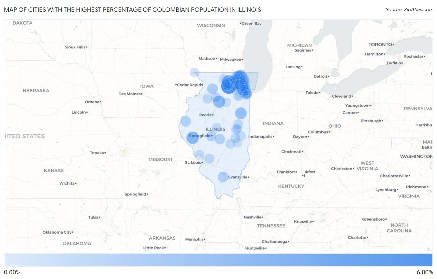 Cities with the Highest Percentage of Colombian Population in Illinois Map