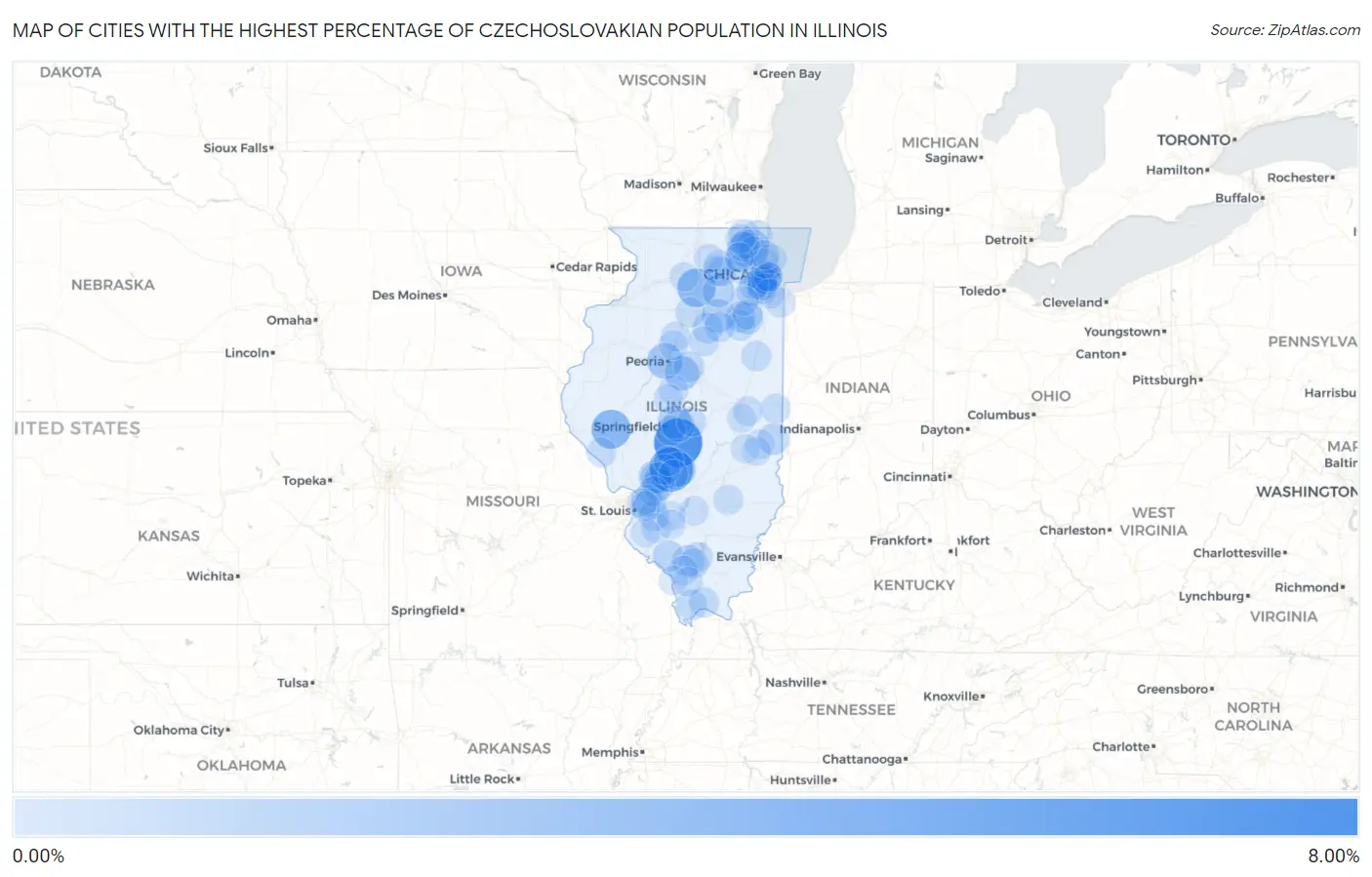 Cities with the Highest Percentage of Czechoslovakian Population in Illinois Map