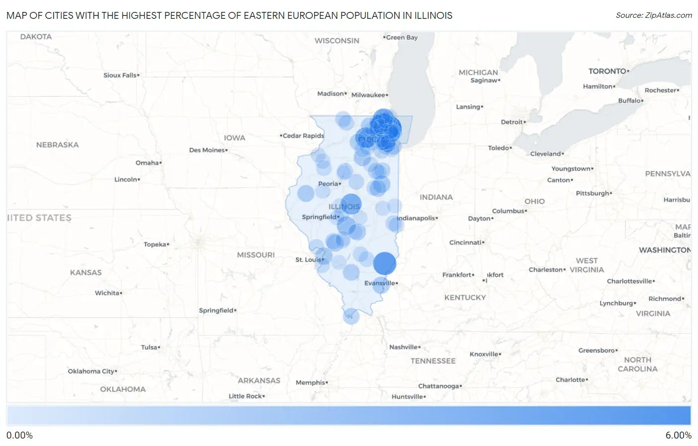 Cities with the Highest Percentage of Eastern European Population in Illinois Map