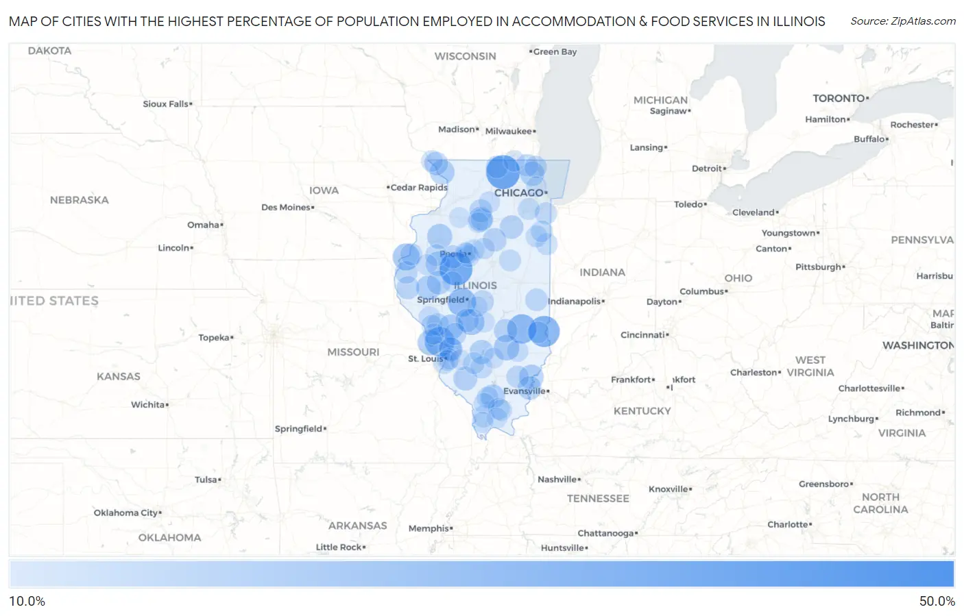 Cities with the Highest Percentage of Population Employed in Accommodation & Food Services in Illinois Map
