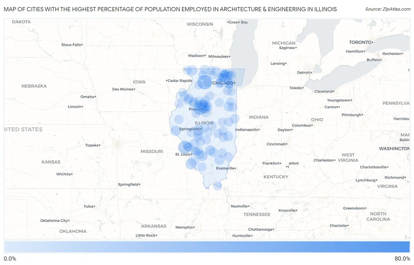 Cities with the Highest Percentage of Population Employed in Architecture & Engineering in Illinois Map