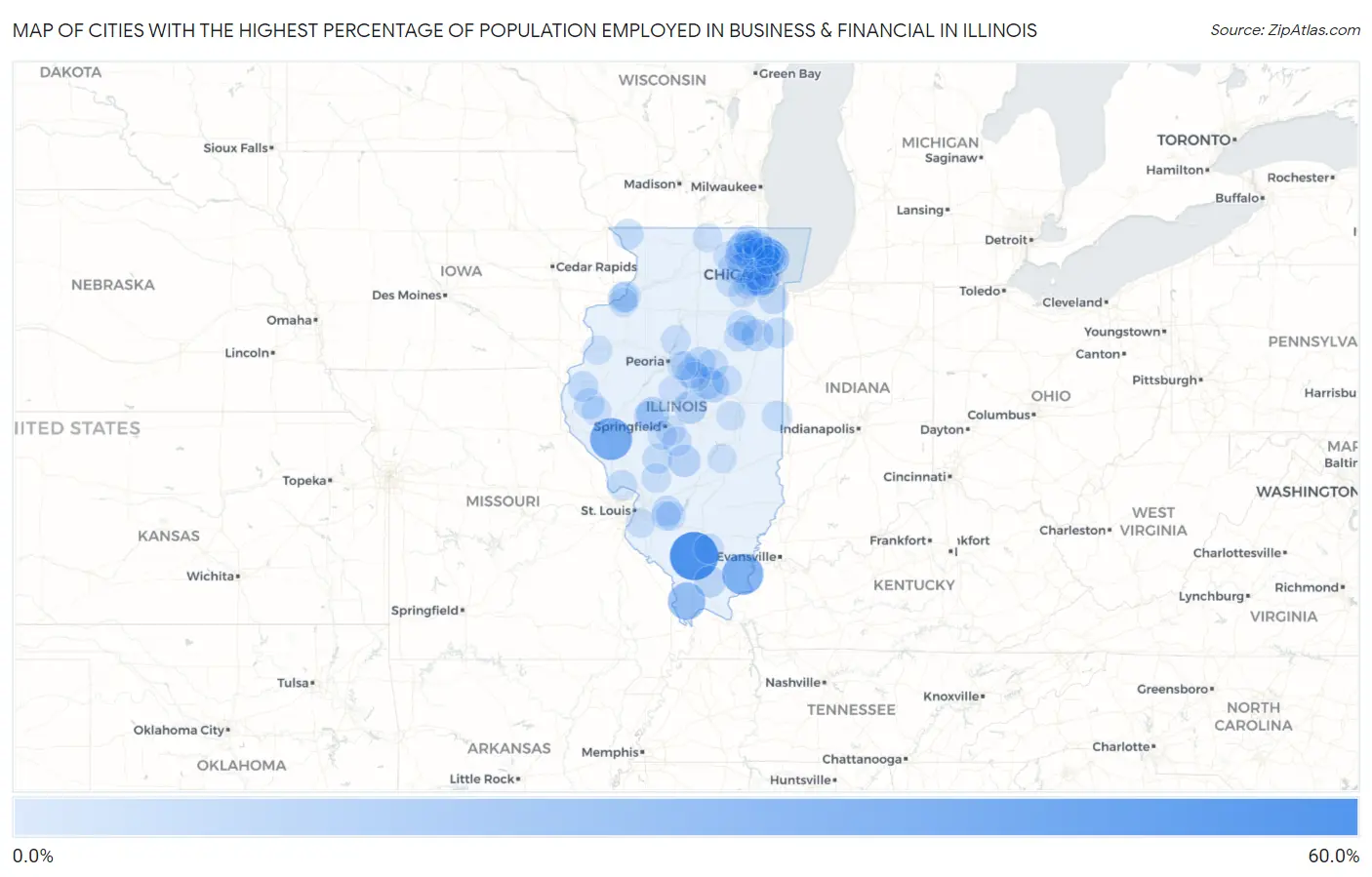 Cities with the Highest Percentage of Population Employed in Business & Financial in Illinois Map