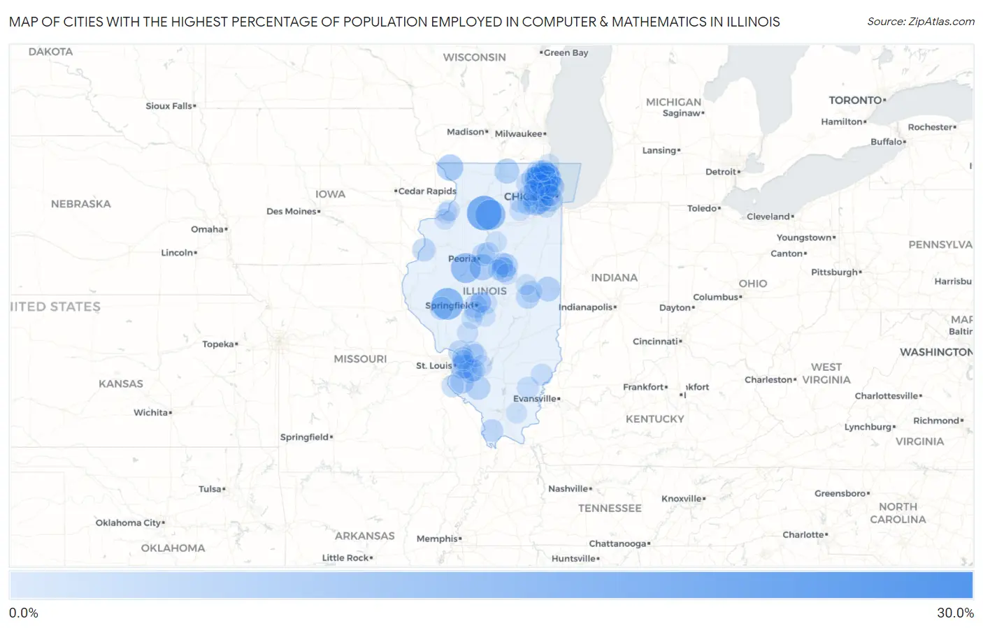 Cities with the Highest Percentage of Population Employed in Computer & Mathematics in Illinois Map