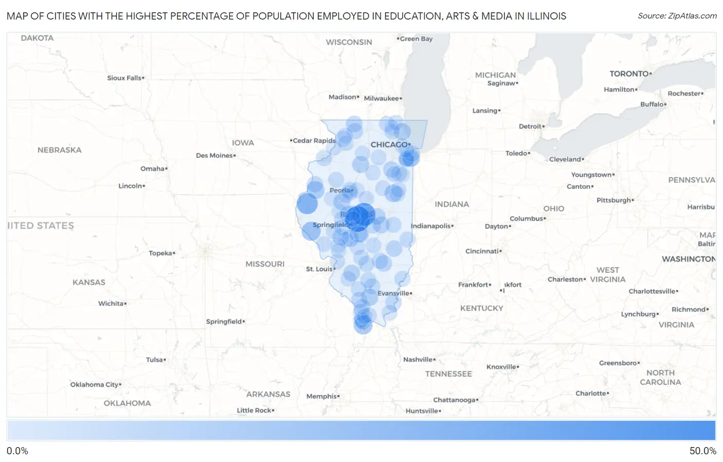 Cities with the Highest Percentage of Population Employed in Education, Arts & Media in Illinois Map
