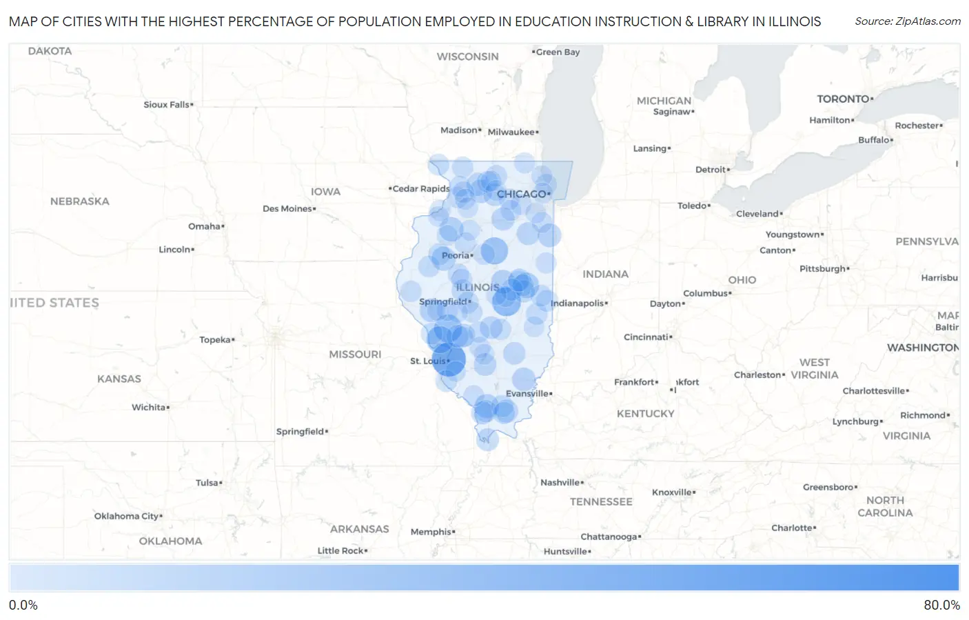 Cities with the Highest Percentage of Population Employed in Education Instruction & Library in Illinois Map