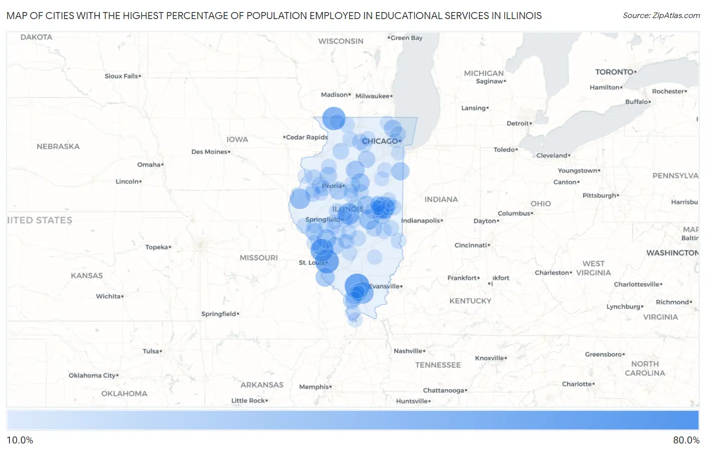 Cities with the Highest Percentage of Population Employed in Educational Services in Illinois Map