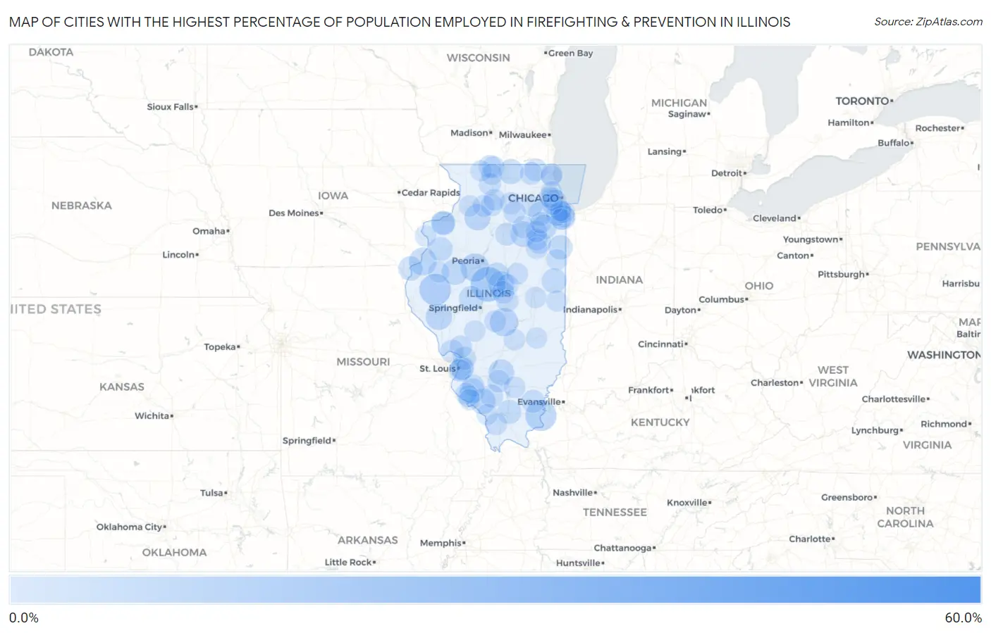 Cities with the Highest Percentage of Population Employed in Firefighting & Prevention in Illinois Map