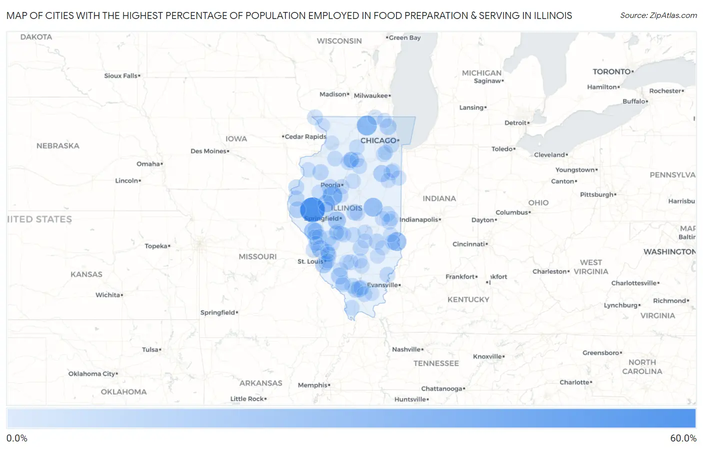 Cities with the Highest Percentage of Population Employed in Food Preparation & Serving in Illinois Map
