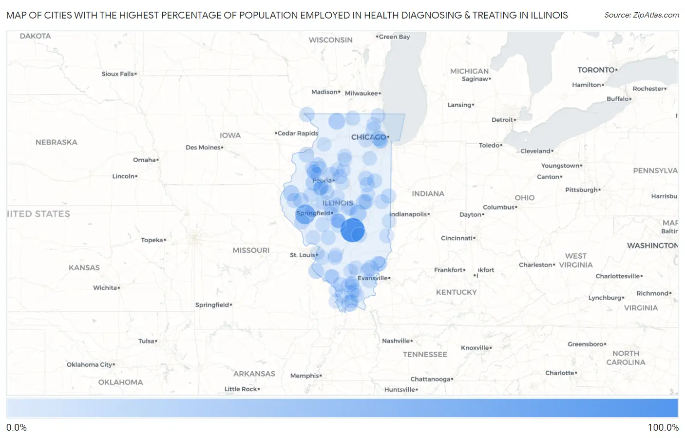 Cities with the Highest Percentage of Population Employed in Health Diagnosing & Treating in Illinois Map