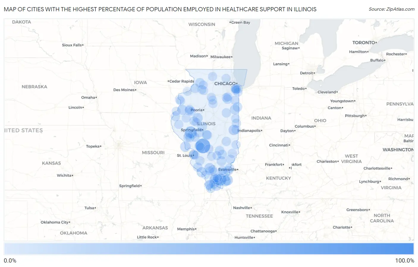 Cities with the Highest Percentage of Population Employed in Healthcare Support in Illinois Map