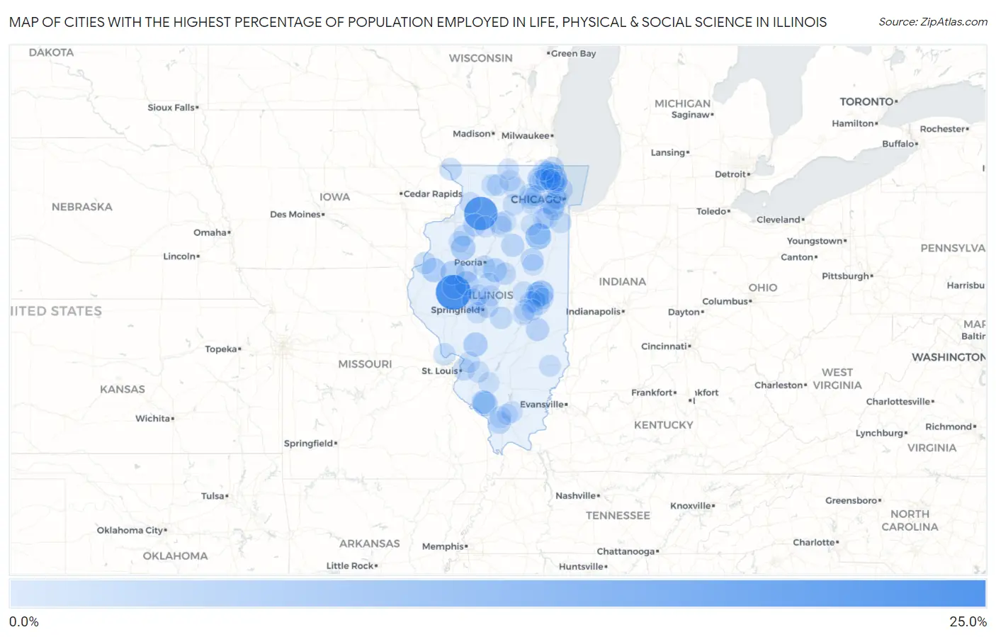 Cities with the Highest Percentage of Population Employed in Life, Physical & Social Science in Illinois Map