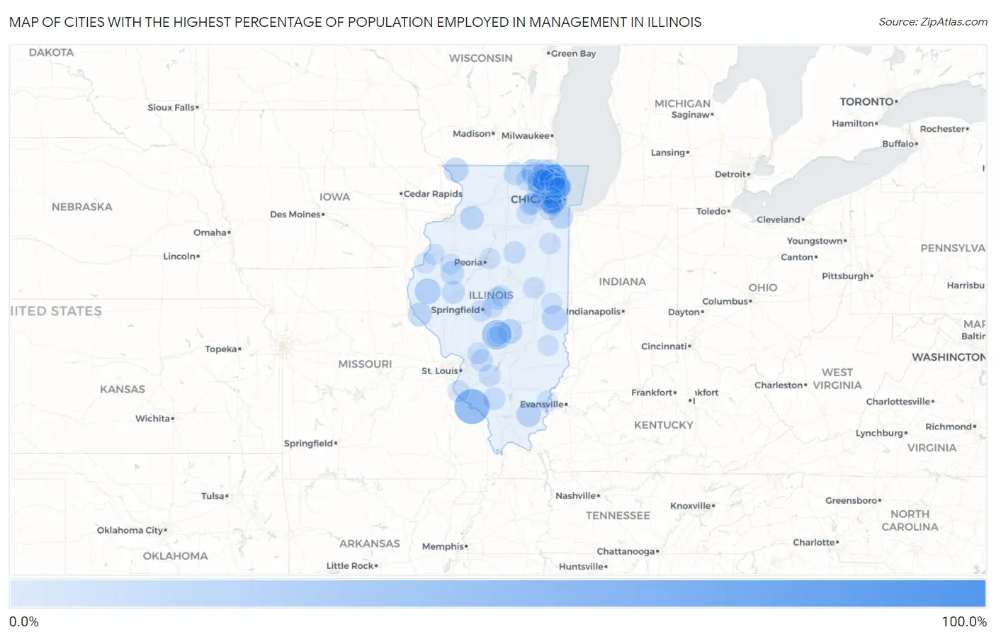 Cities with the Highest Percentage of Population Employed in Management in Illinois Map