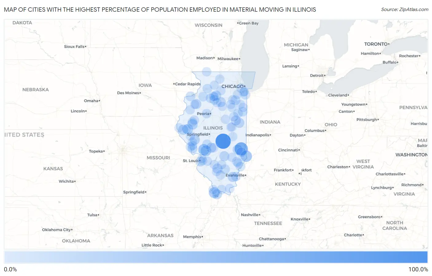 Cities with the Highest Percentage of Population Employed in Material Moving in Illinois Map