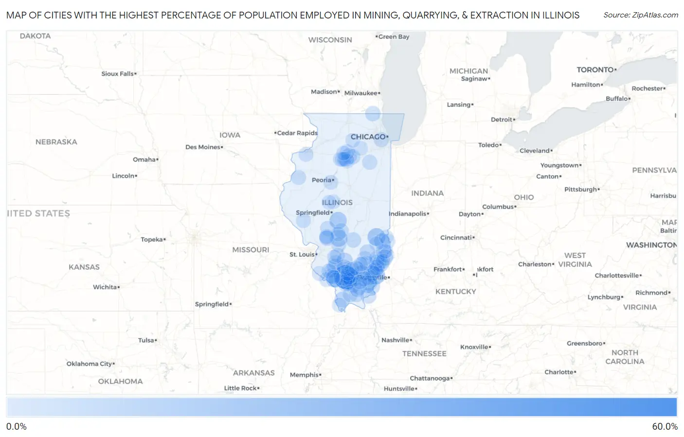 Cities with the Highest Percentage of Population Employed in Mining, Quarrying, & Extraction in Illinois Map
