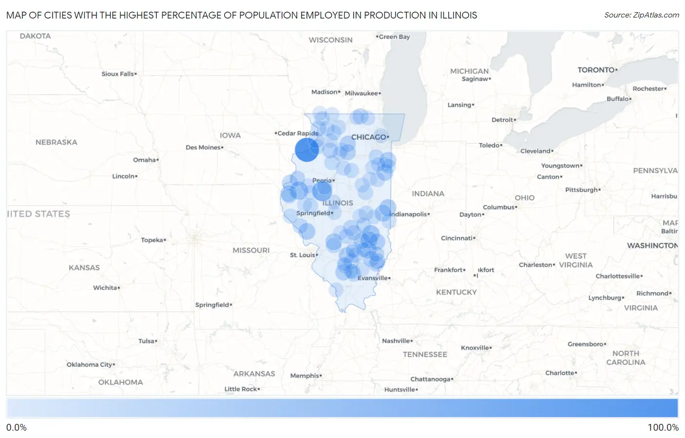 Cities with the Highest Percentage of Population Employed in Production in Illinois Map
