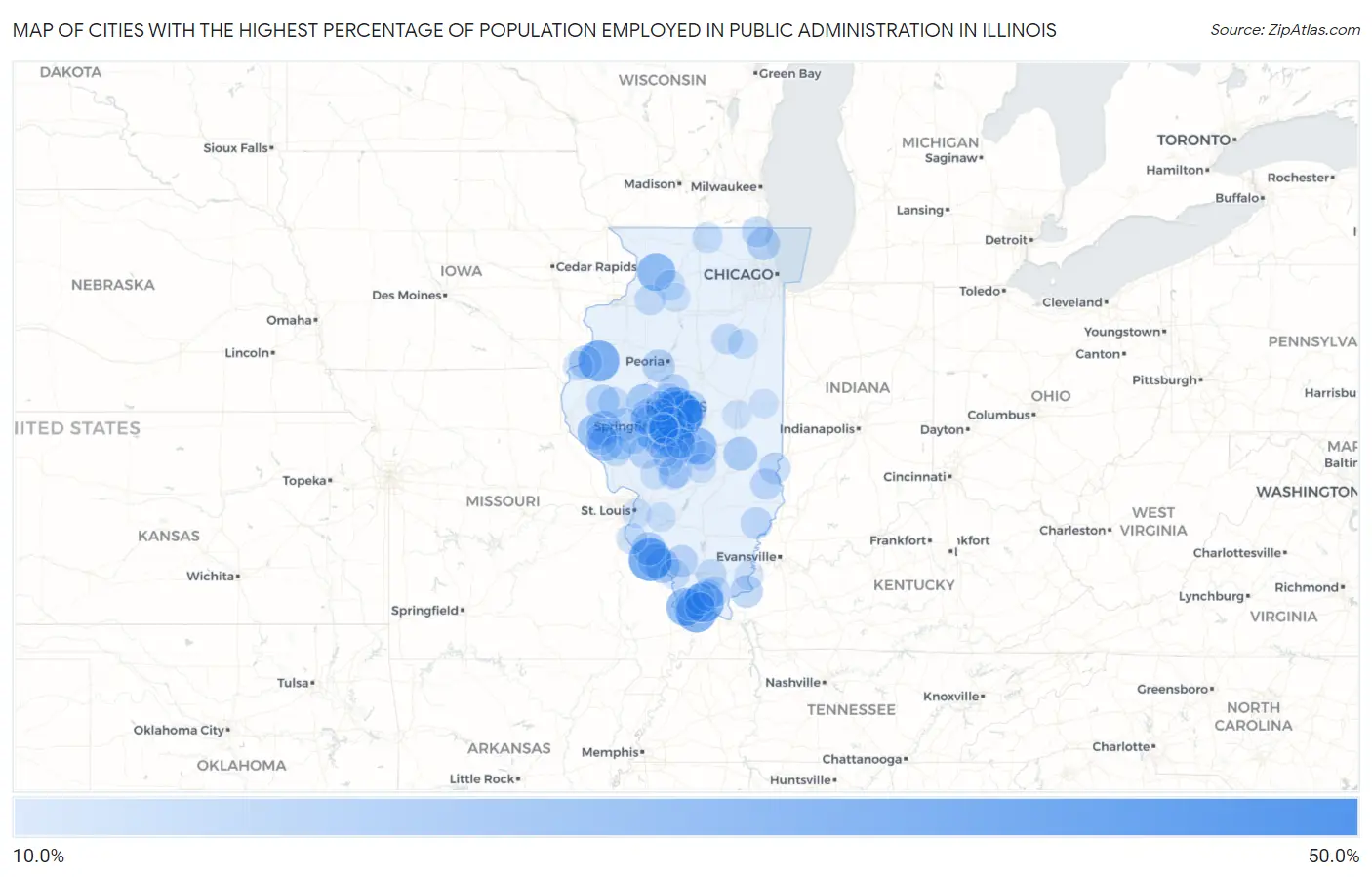 Cities with the Highest Percentage of Population Employed in Public Administration in Illinois Map