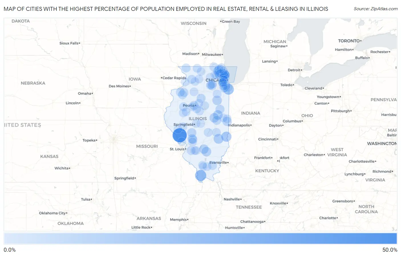 Cities with the Highest Percentage of Population Employed in Real Estate, Rental & Leasing in Illinois Map