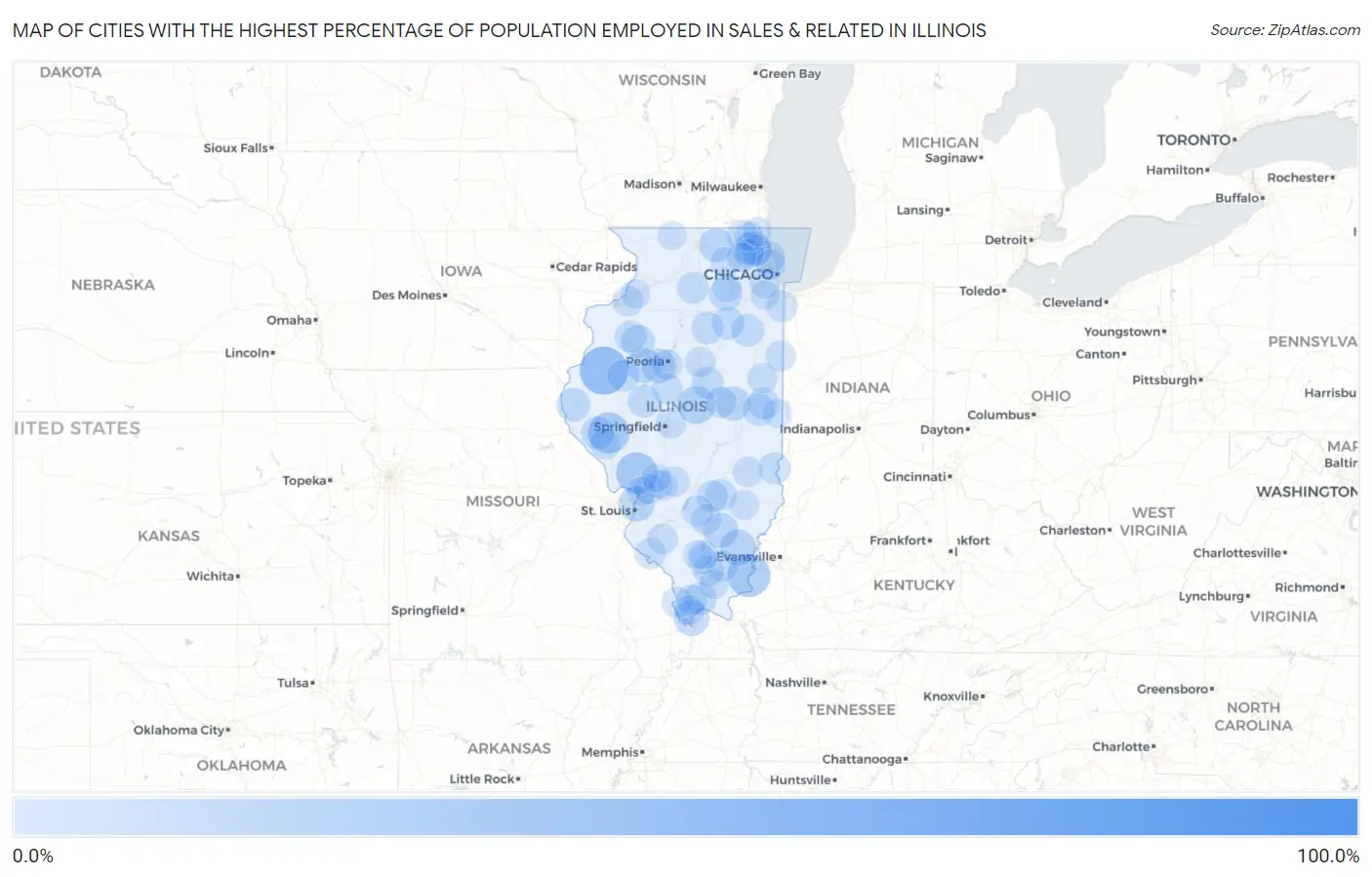 Cities with the Highest Percentage of Population Employed in Sales & Related in Illinois Map