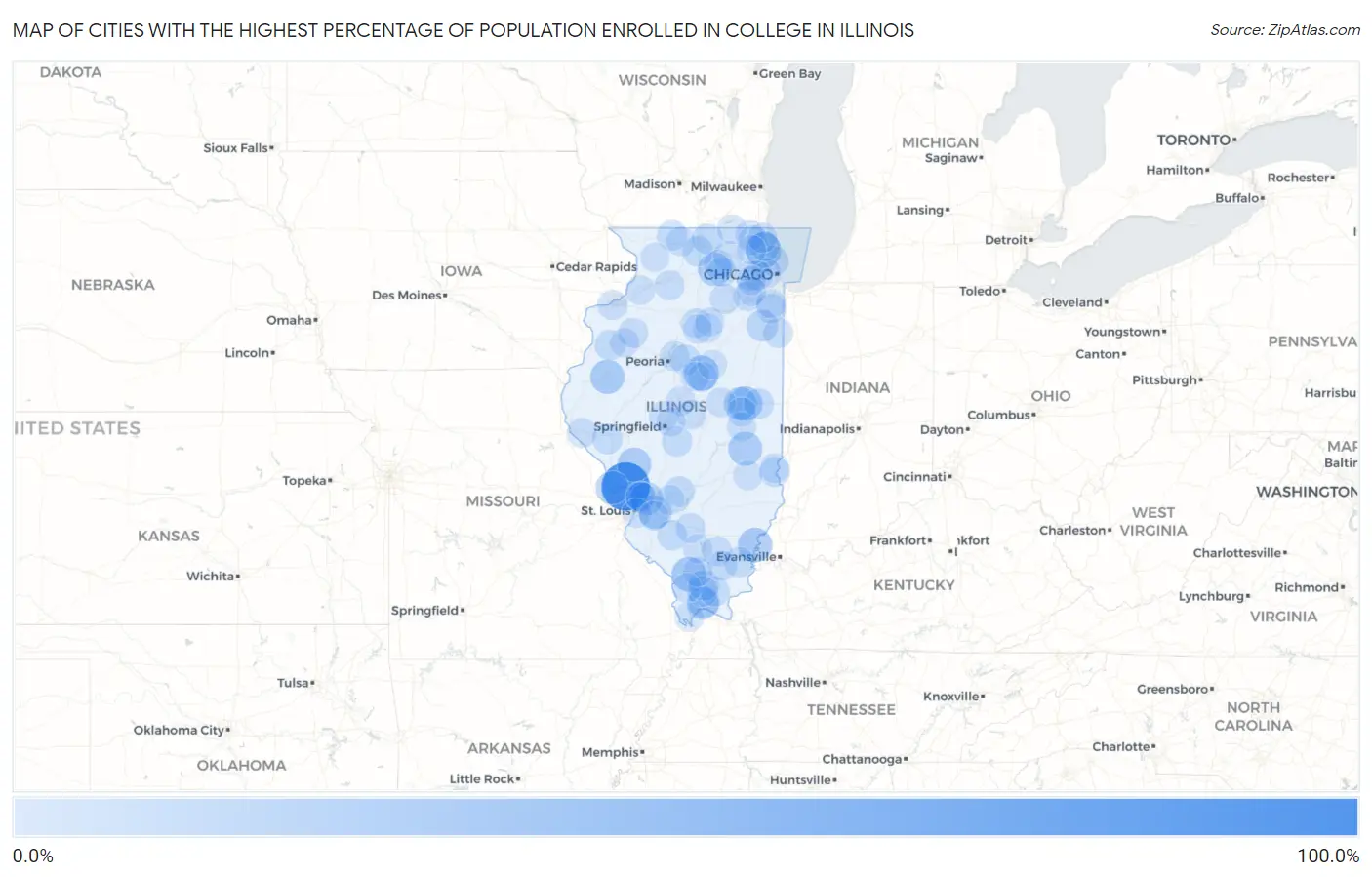 Cities with the Highest Percentage of Population Enrolled in College in Illinois Map
