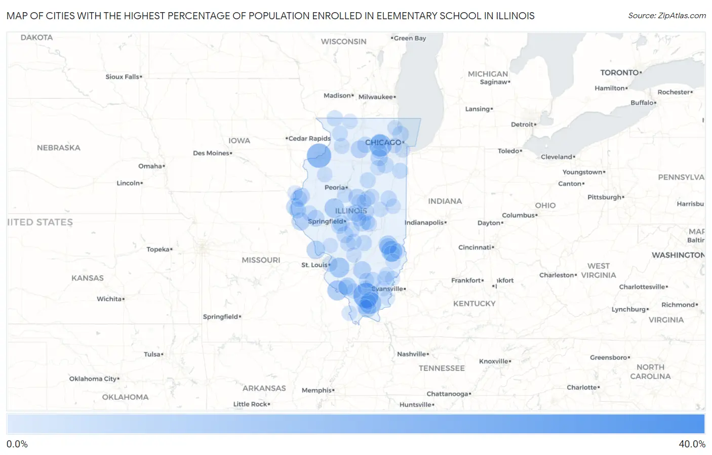 Cities with the Highest Percentage of Population Enrolled in Elementary School in Illinois Map