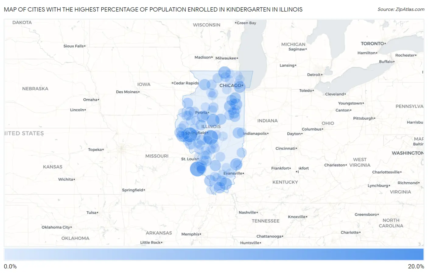Cities with the Highest Percentage of Population Enrolled in Kindergarten in Illinois Map