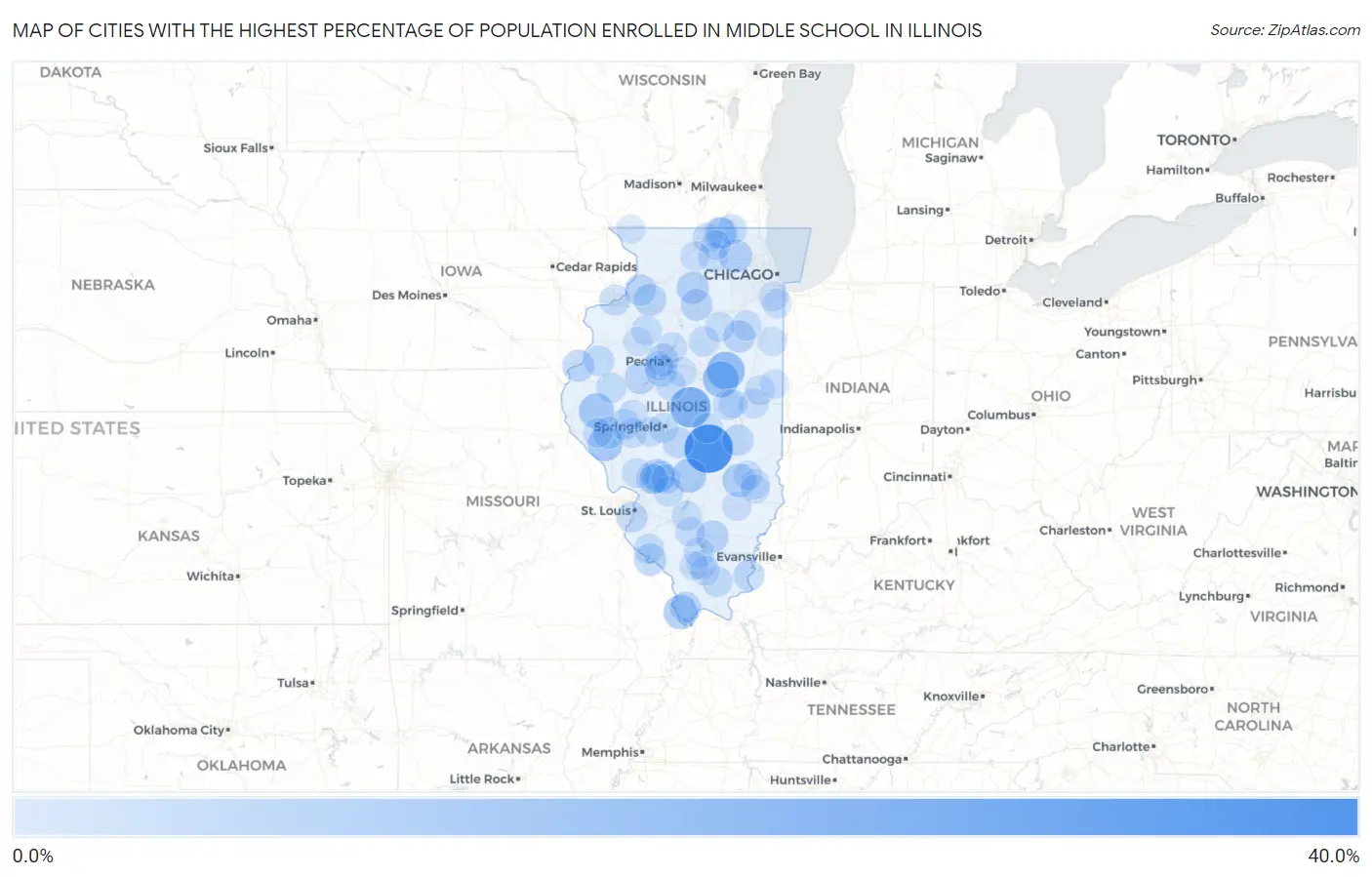 Cities with the Highest Percentage of Population Enrolled in Middle School in Illinois Map
