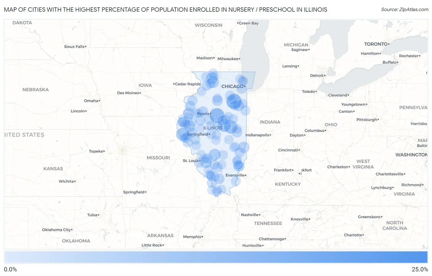 Cities with the Highest Percentage of Population Enrolled in Nursery / Preschool in Illinois Map