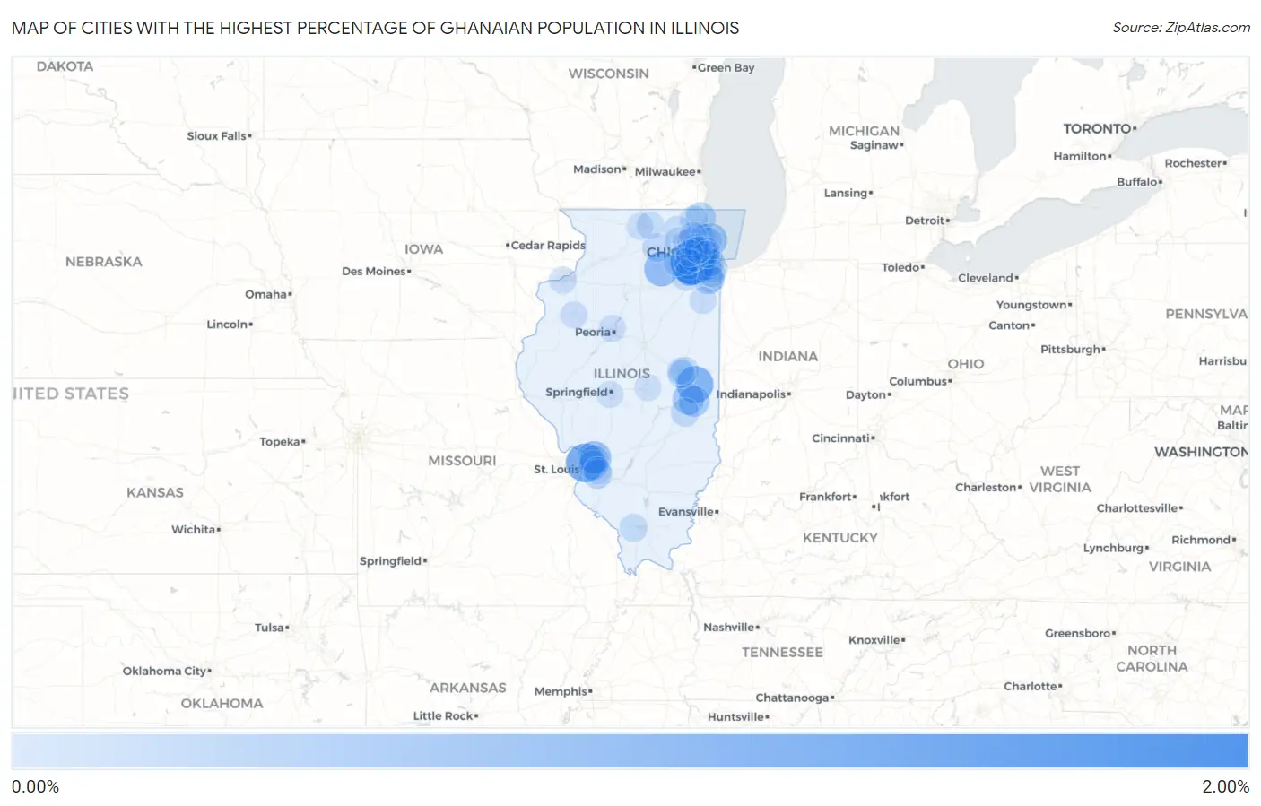Cities with the Highest Percentage of Ghanaian Population in Illinois Map
