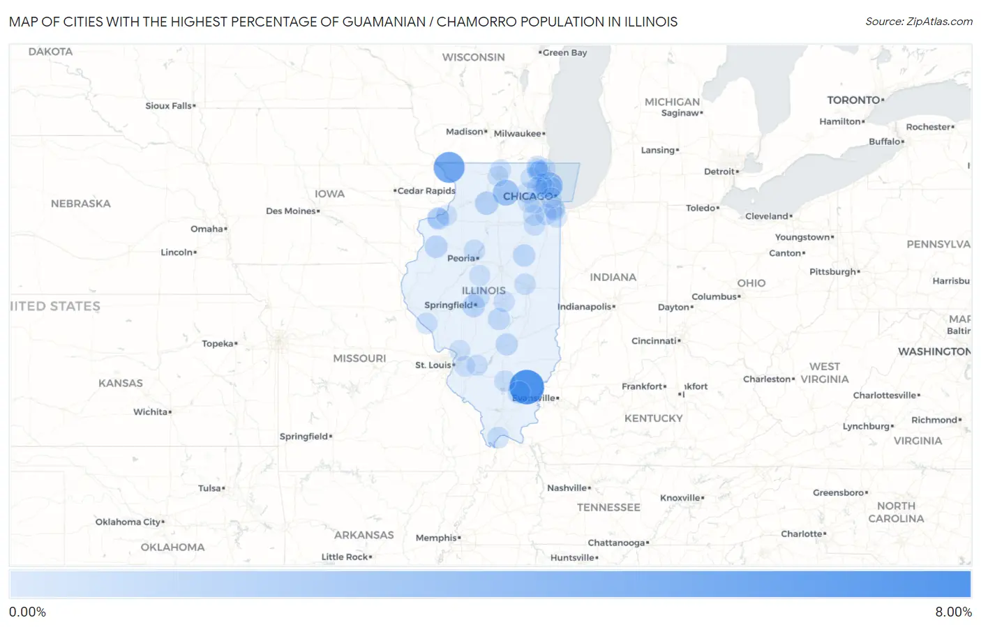 Cities with the Highest Percentage of Guamanian / Chamorro Population in Illinois Map