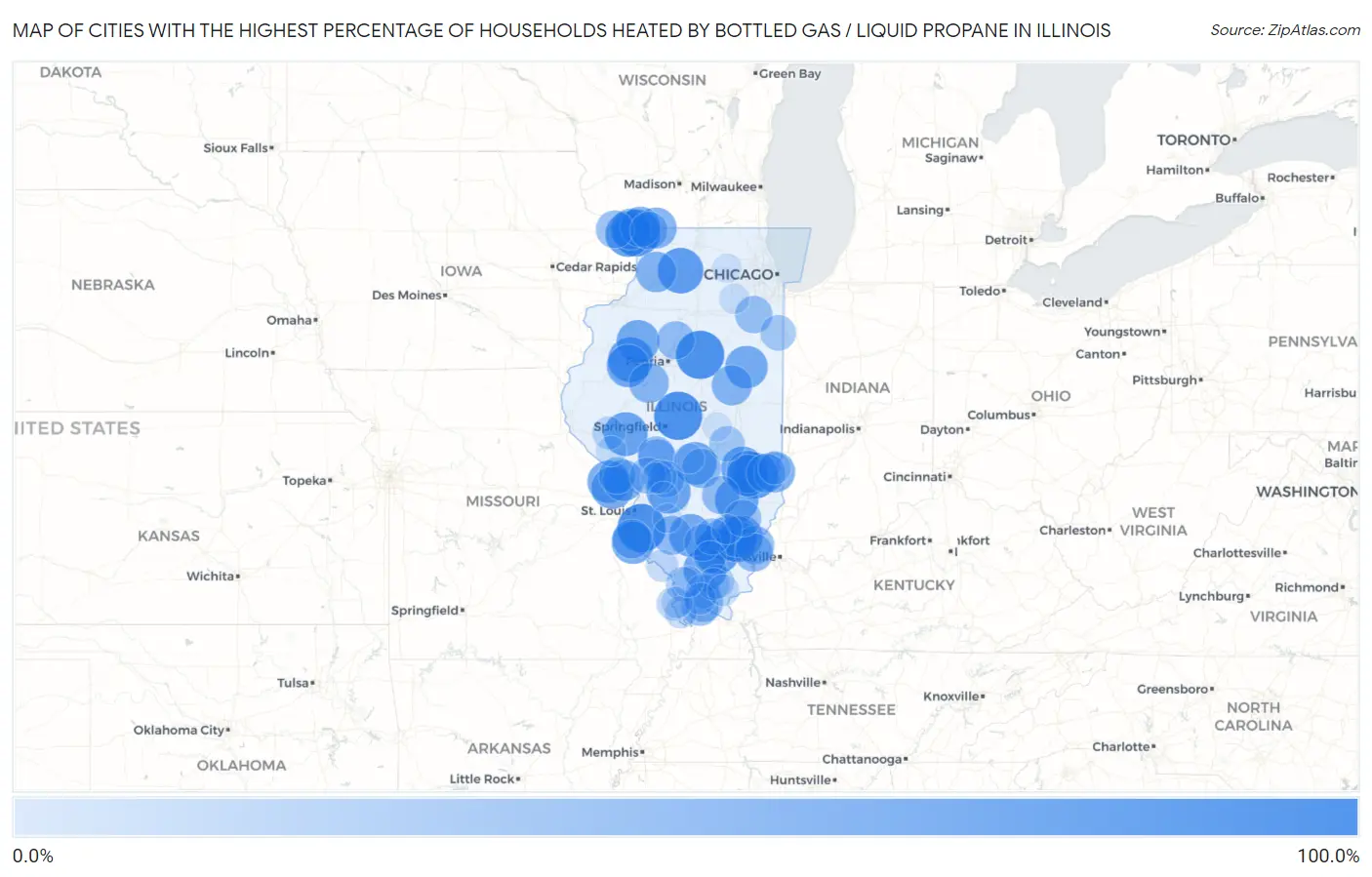 Cities with the Highest Percentage of Households Heated by Bottled Gas / Liquid Propane in Illinois Map